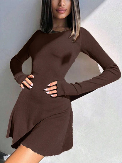 Women’s Lace-Up Back Mini Dress – Long Sleeve, Ribbed Knit, Flared Hem