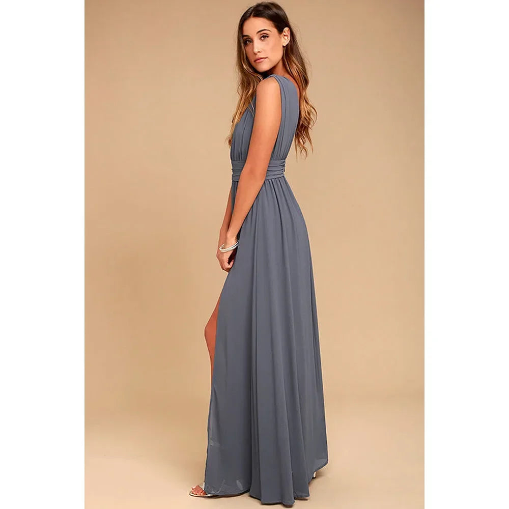 Backless Deep-V Chiffon Maxi Dress – Flowy Slit Evening Gown