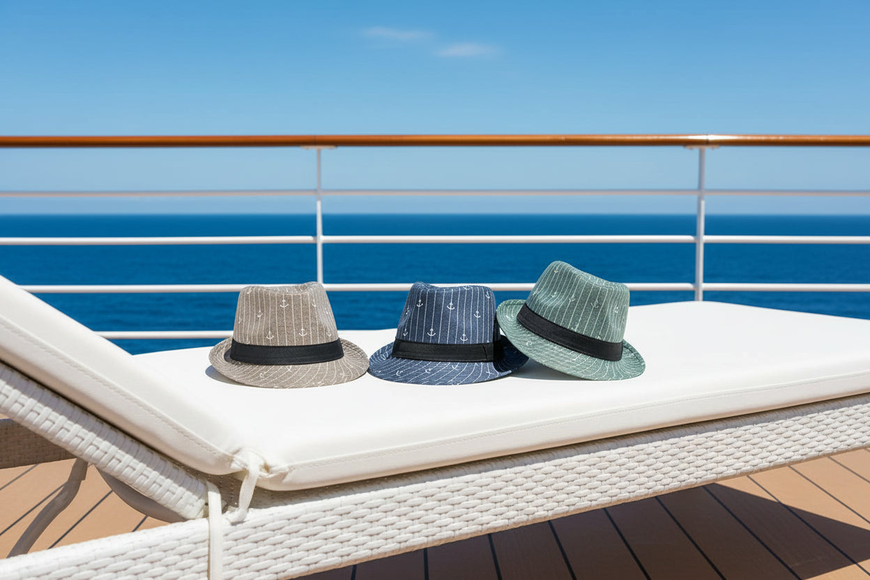 # fedora hats on a lounger on a cruise ship.