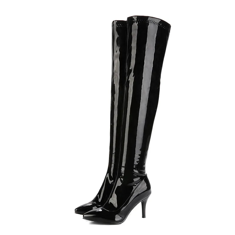Women’s Over-the-Knee Patent Boots – Pointed Toe, Side-Zip, Stiletto Heel