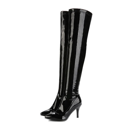 Women’s Over-the-Knee Patent Boots – Pointed Toe, Side-Zip, Stiletto Heel