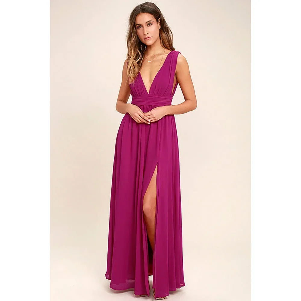 Backless Deep-V Chiffon Maxi Dress – Flowy Slit Evening Gown