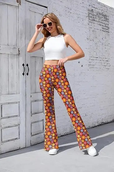 Women’s 70s Floral Bell Bottom Pants – High – Waist Flare Trousers – Orange-daisy – L