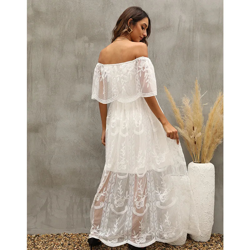 Women’s Embroidered Lace Maxi Dress – Elegant White Boho Beach Style