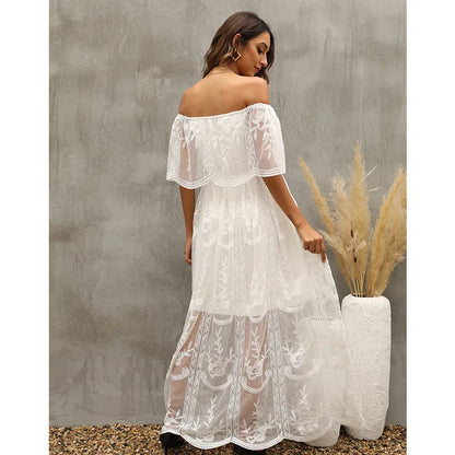Women’s Embroidered Lace Maxi Dress – Elegant White Boho Beach Style