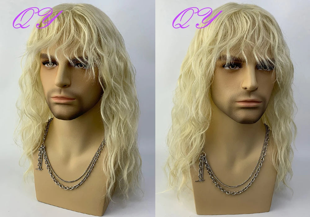 Synthetic Men Wig Natural Curly Dark Brown Color Male Wig With Bangs Water Wave Daily or Cosplay Adjustable Man Hair Wig