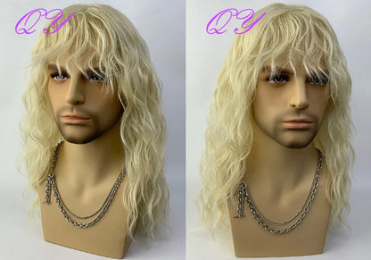 Synthetic Men Wig Natural Curly Dark Brown Color Male Wig With Bangs Water Wave Daily or Cosplay Adjustable Man Hair Wig