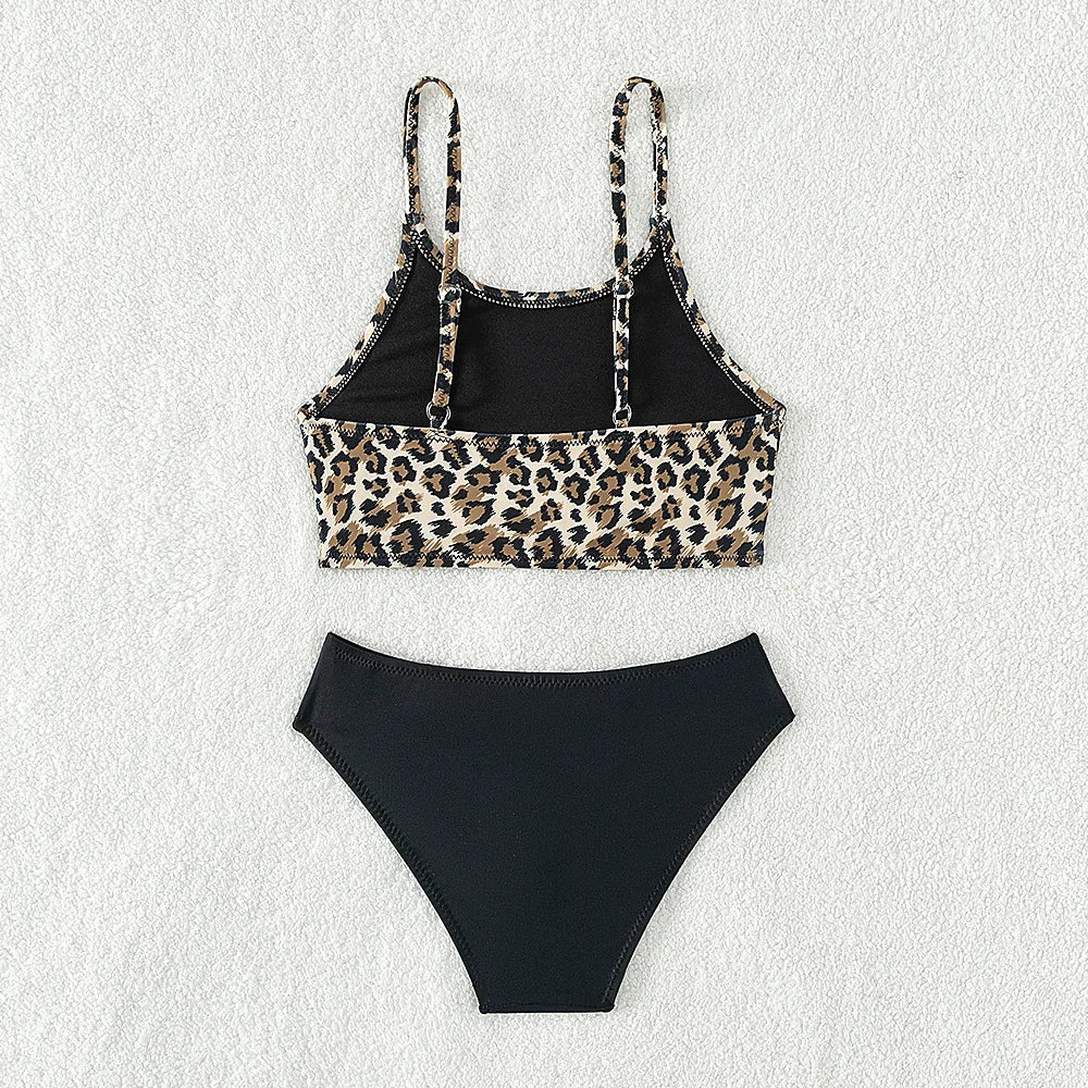 Girls’ Leopard Tankini Set – 2-Piece Swimwear, Adjustable Straps
