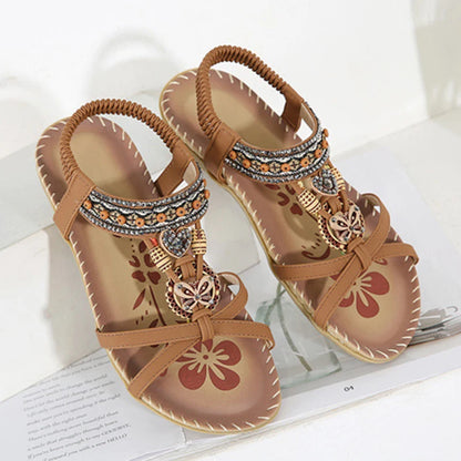 Women’s Boho Beaded Strap Sandals – Casual Summer Walking Shoes