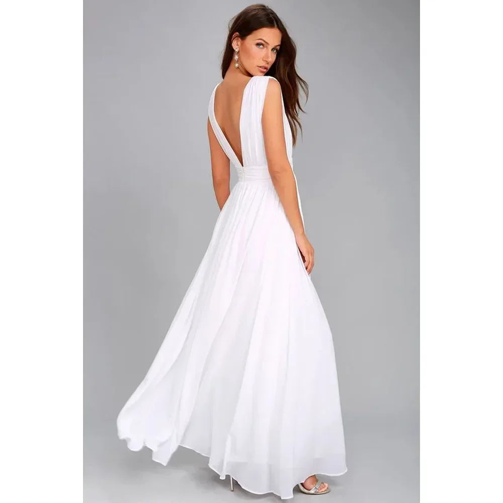 Backless Deep-V Chiffon Maxi Dress – Flowy Slit Evening Gown