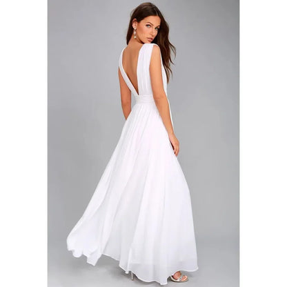Backless Deep-V Chiffon Maxi Dress – Flowy Slit Evening Gown