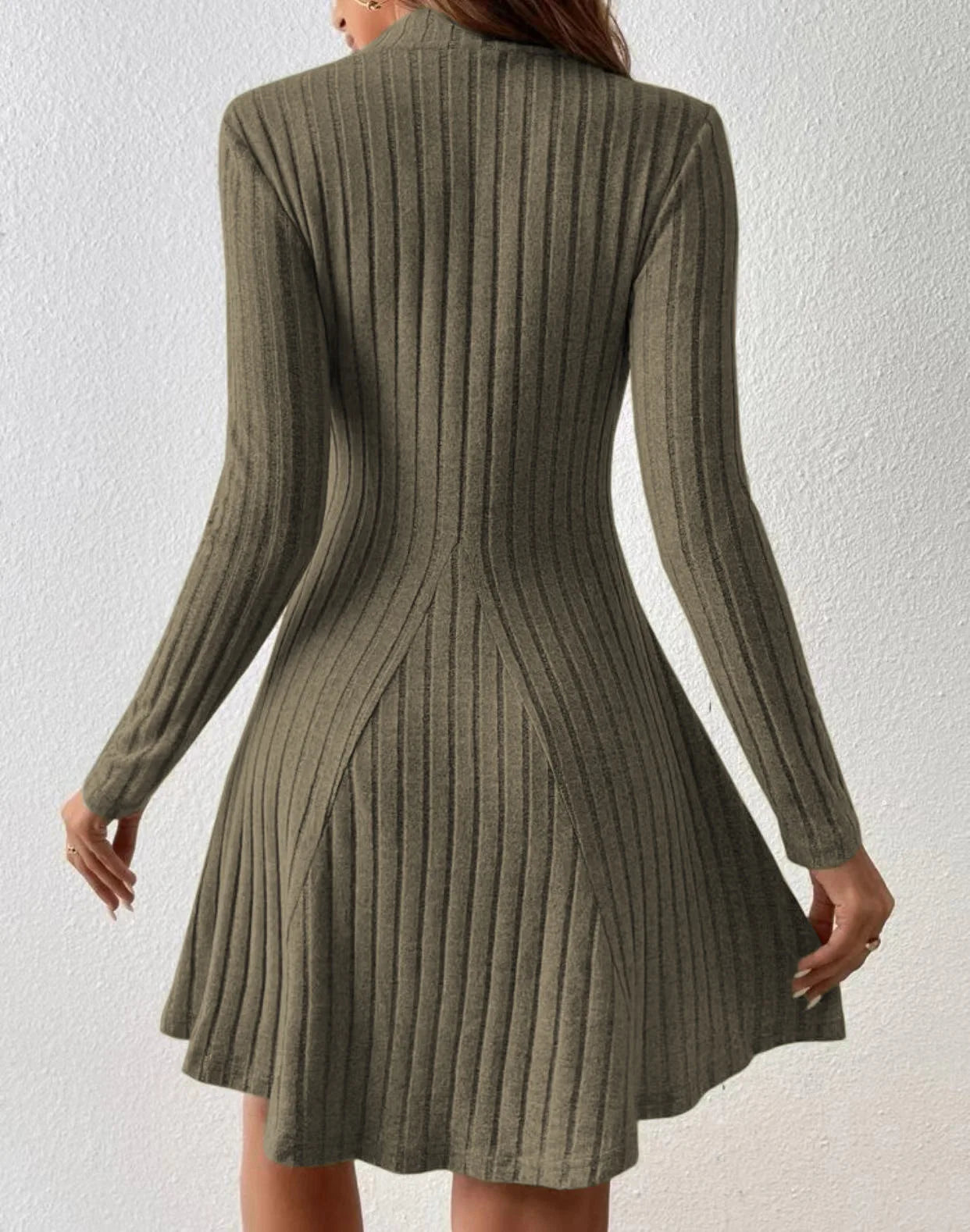 Women’s Ribbed A-Line Knit Mini Dress – Long Sleeve, Mock Neck, Slim Fit