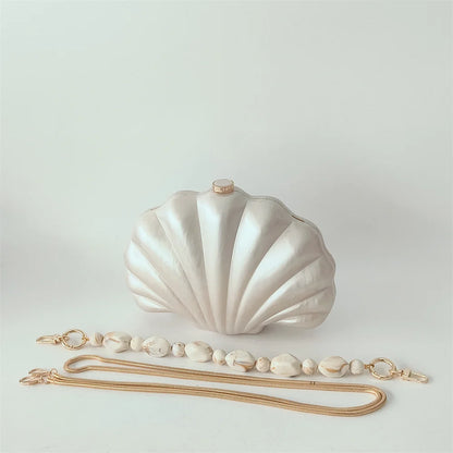 Shell Clutch Evening Bag – Beaded Handle, Formal Elegance