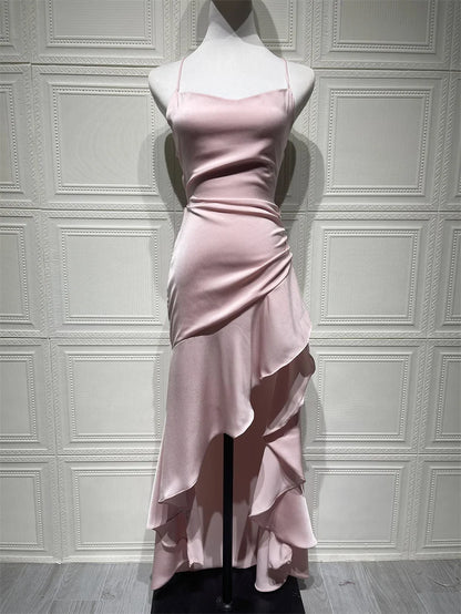 Women’s Satin Spaghetti Strap Maxi Dress – Ruffle Thigh Split, Backless