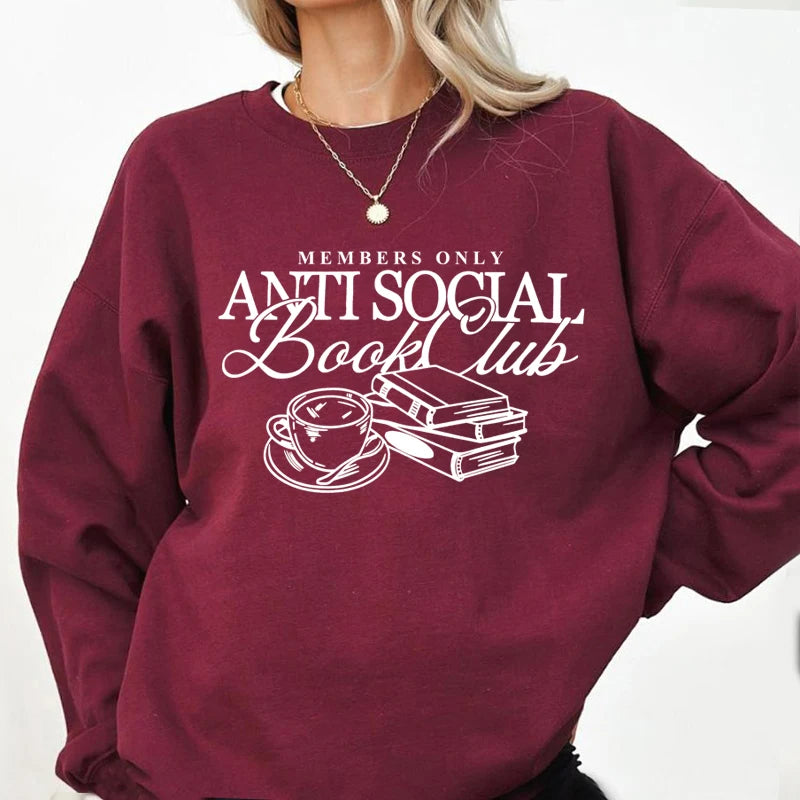 Women's "anti Social Book Club" Sweatshirt – Cozy Reader Crewneck Pullover – White – M