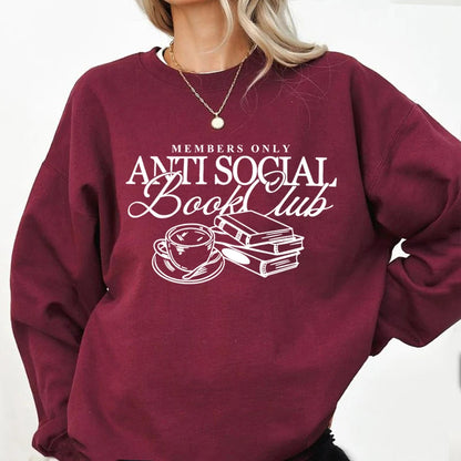 Women's "anti Social Book Club" Sweatshirt – Cozy Reader Crewneck Pullover – White – M