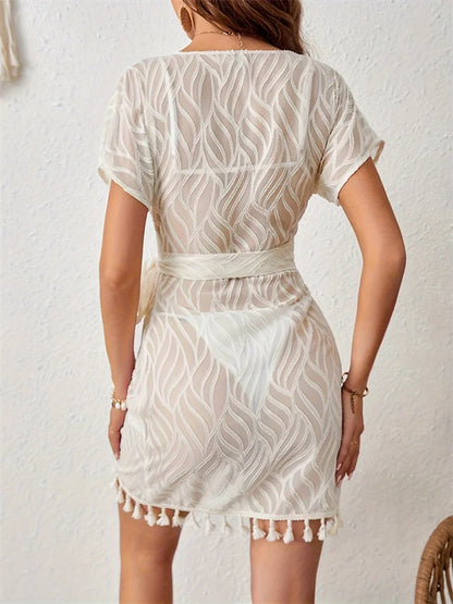 Women’s Lace Swim Cover-Up Dress – V-Neck Wrap with Tassel Hem