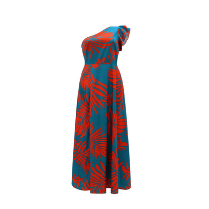 One-Shoulder Tropical Print Maxi Dress – Split Hem Red / S (4-6)