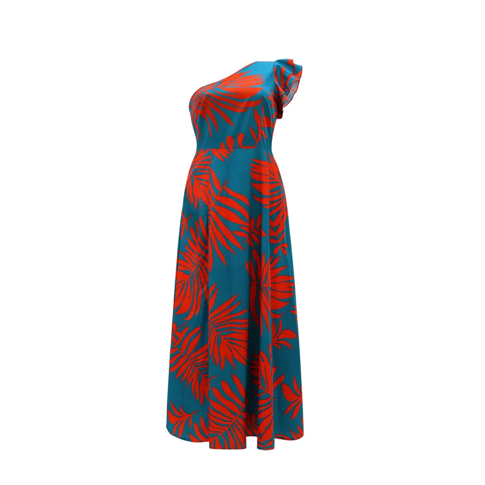 off the shoulder tropical print maxi dress One-Shoulder Tropical Print Maxi Dress – Split Hem Red / S (4-6)