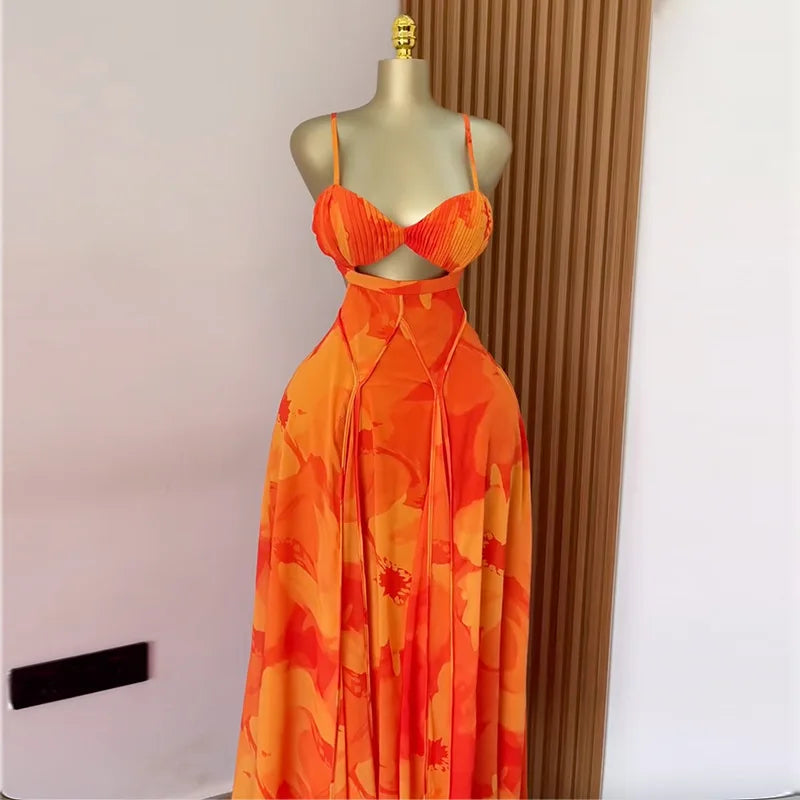 Women’s Floral Maxi Dress – Backless Spaghetti Strap Swing Dress