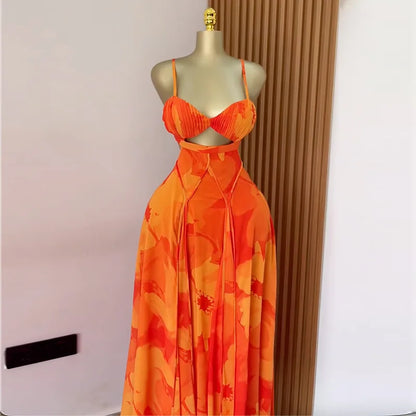 Women’s Floral Maxi Dress – Backless Spaghetti Strap Swing Dress