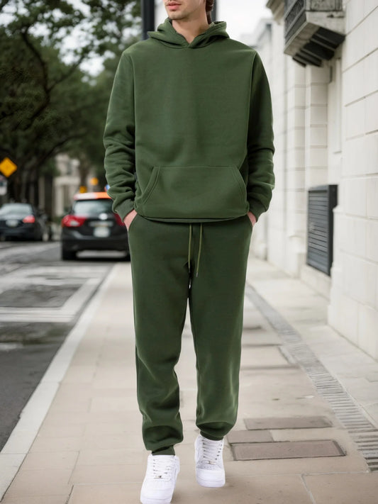 Men’s Solid Fleece Hoodie & Joggers Set – Autumn/Winter Tracksuit