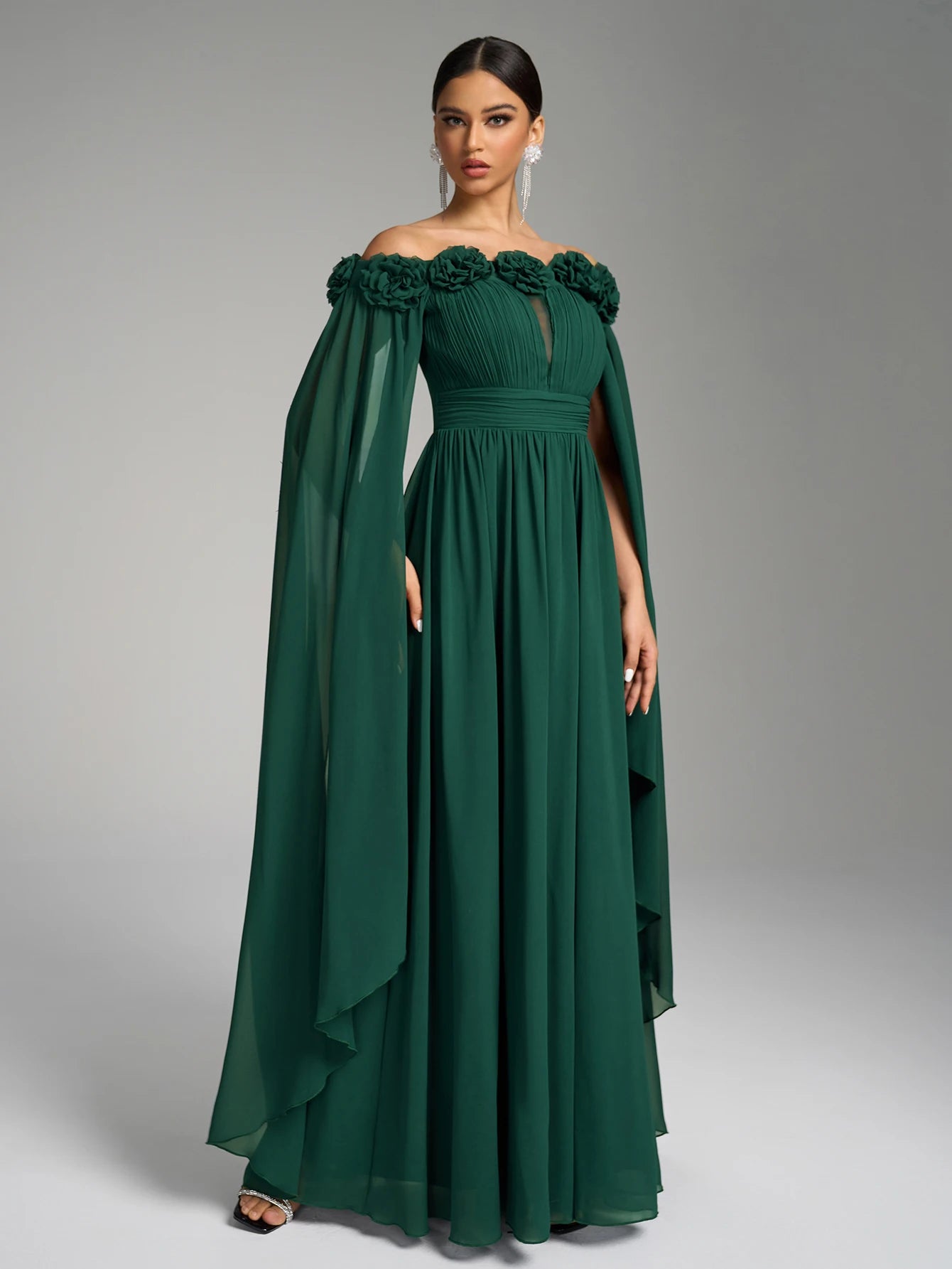 Women’s One-Shoulder Chiffon Evening Gown – Flared Sleeves, Pleated Waist - The Dock Drop