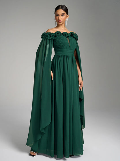 Women’s One-Shoulder Chiffon Evening Gown – Flared Sleeves, Pleated Waist - The Dock Drop