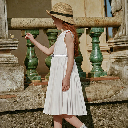 Girls White Pleated Party Dress – Sleeveless A-Line Dress