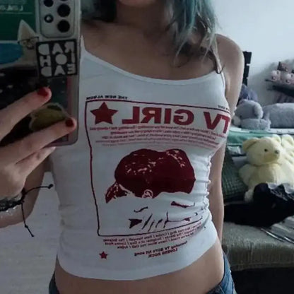 Y2K Printed Graphic Tank – Retro Grunge Crop Vest Top