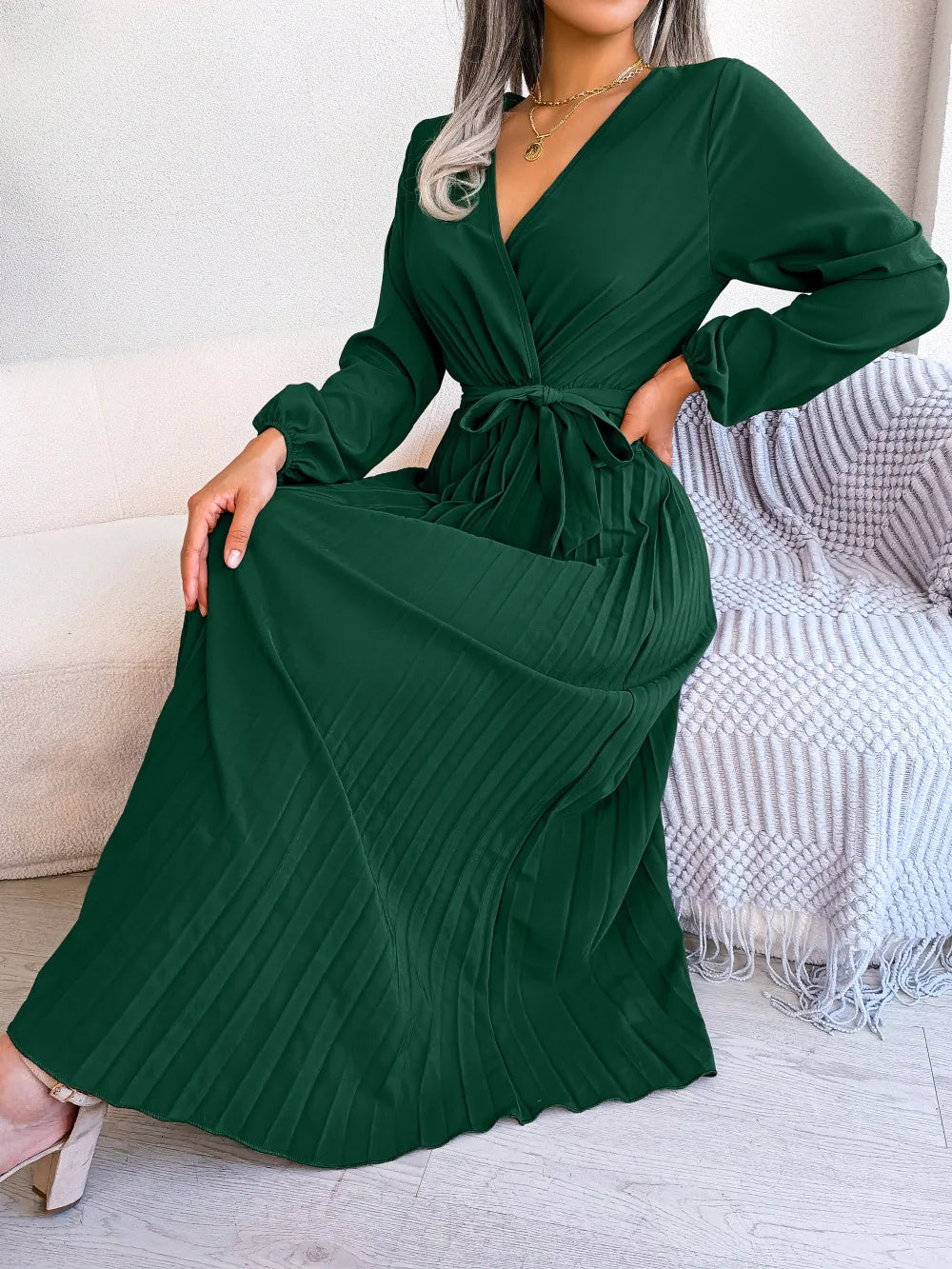 Women’s Pleated V-Neck Maxi Dress – Long Sleeve, Belted Waist