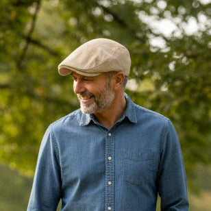 Beige corduroy flat cap on a white background