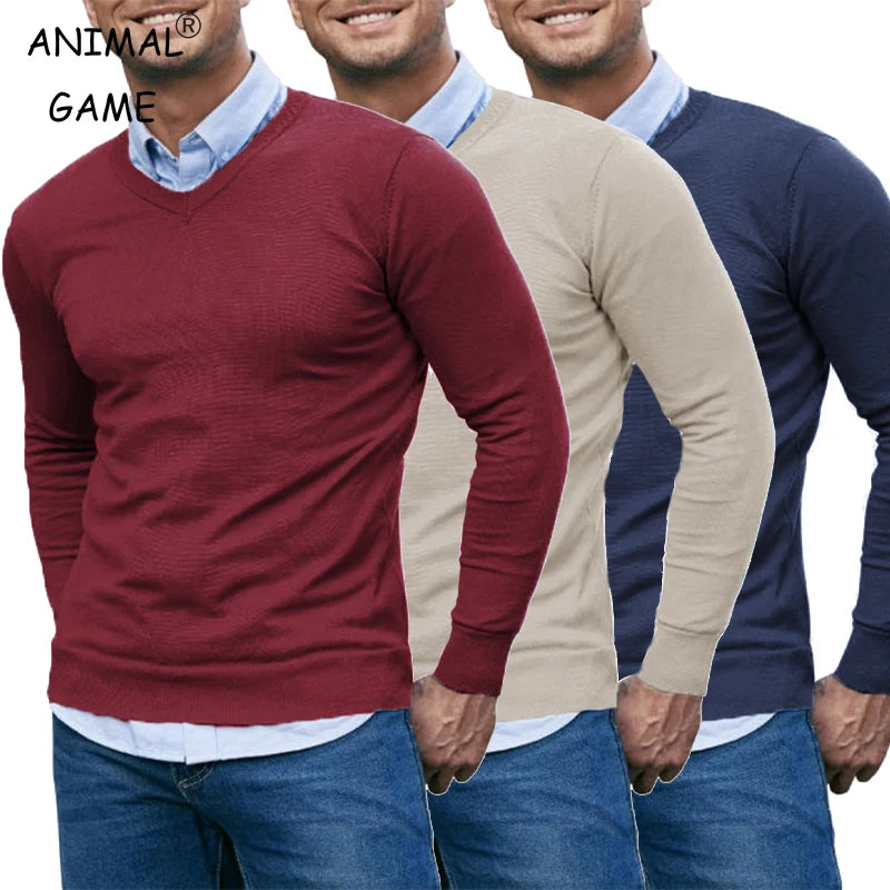 Men’s V-Neck Knit Pullover Sweater – Lightweight Long Sleeve