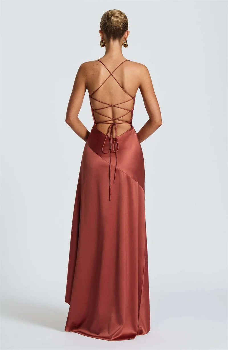 Women’s Satin Spaghetti Strap Maxi Dress – Ruffle Thigh Split, Backless
