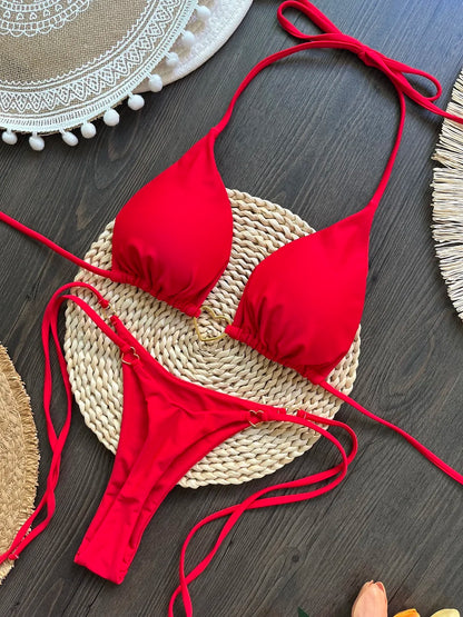 Halter Solid Triangle Bikini Set