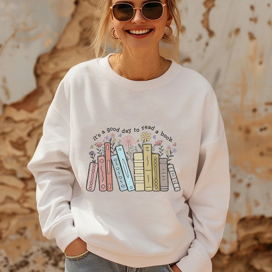 Women's "good Day to Read a Book" Sweatshirt – Cozy Reader Pullover – White – M