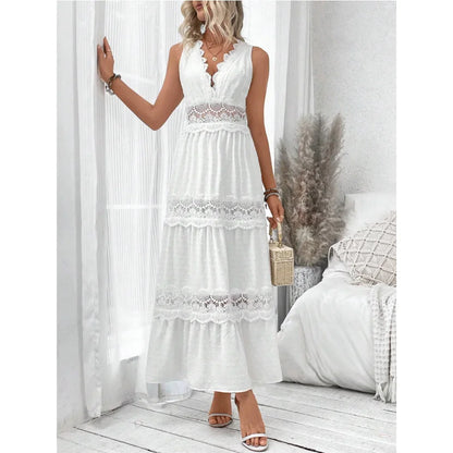 Women’s Lace V-Neck Maxi Dress – High Waist, Ankle Length