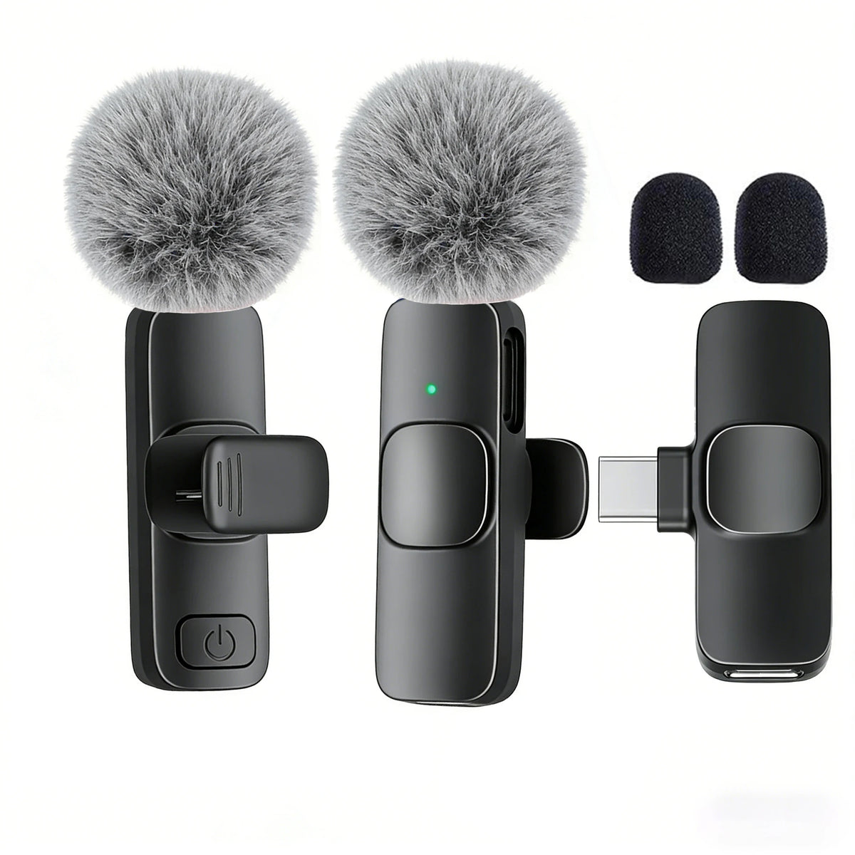 Set of three microphones with fuzzy covers on a white background