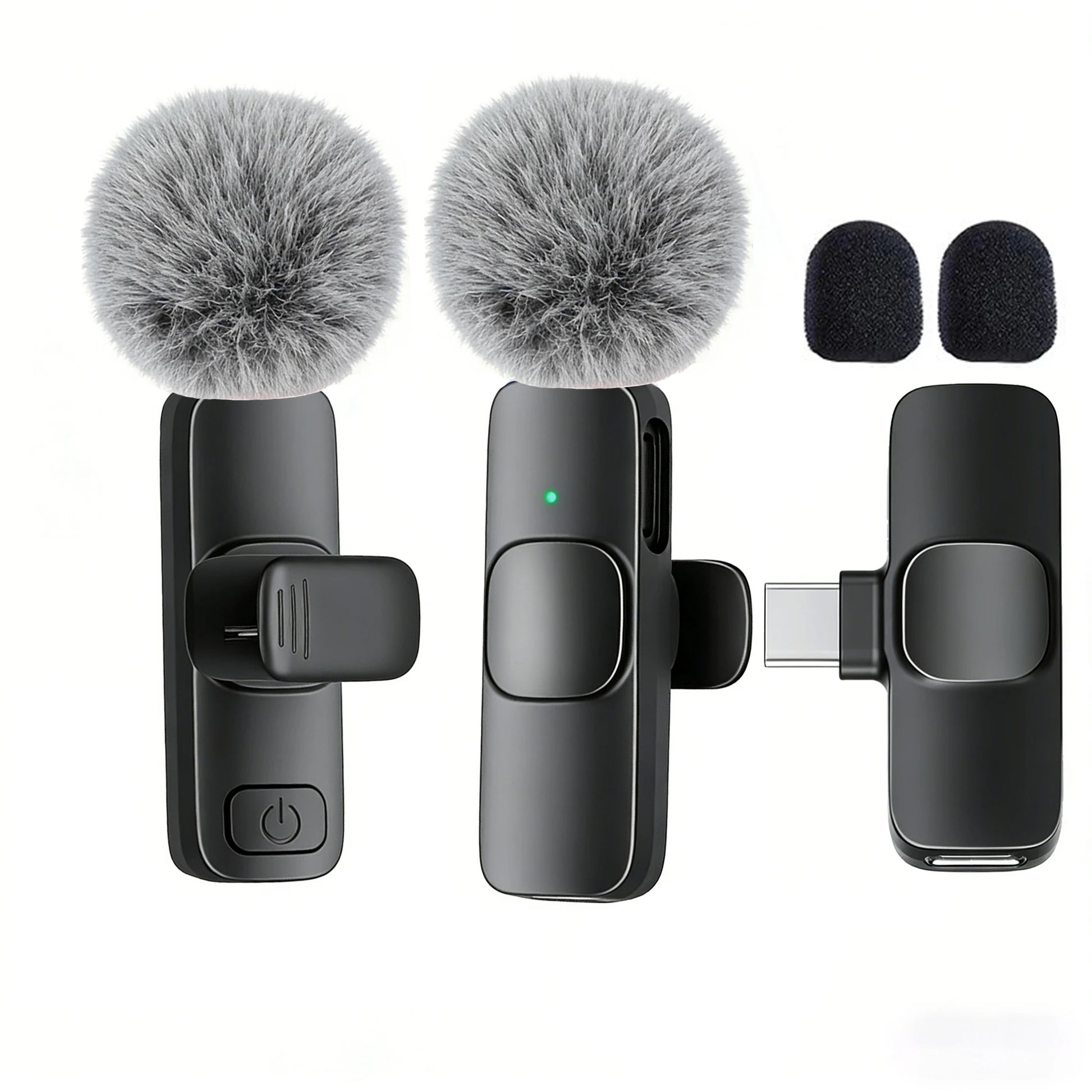 Set of three microphones with fuzzy covers on a white background