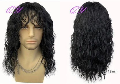 Synthetic Men Wig Natural Curly Dark Brown Color Male Wig With Bangs Water Wave Daily or Cosplay Adjustable Man Hair Wig