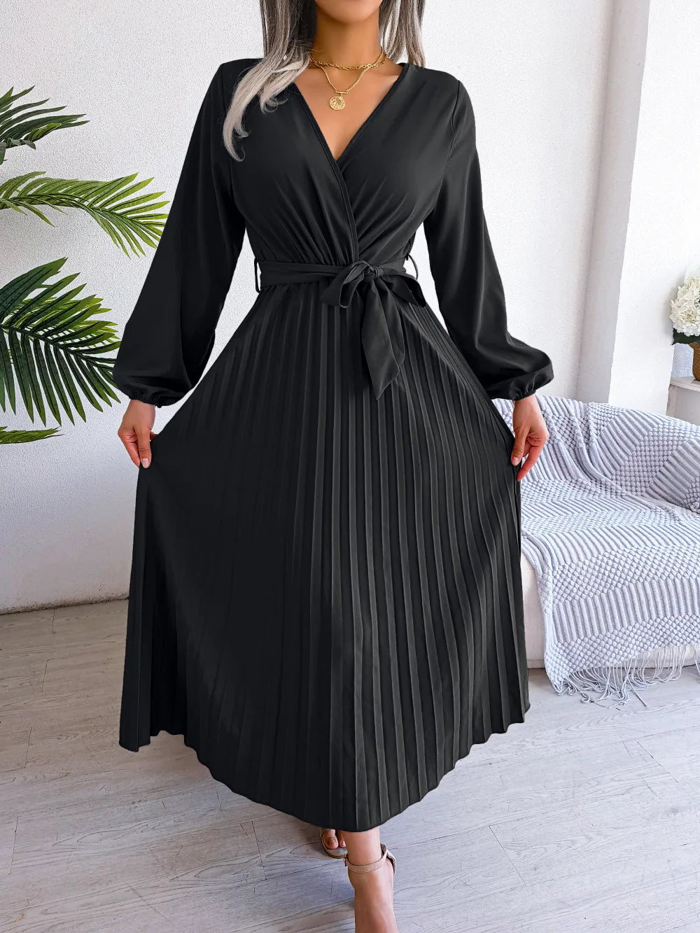 Women’s Pleated V-Neck Maxi Dress – Long Sleeve, Belted Waist