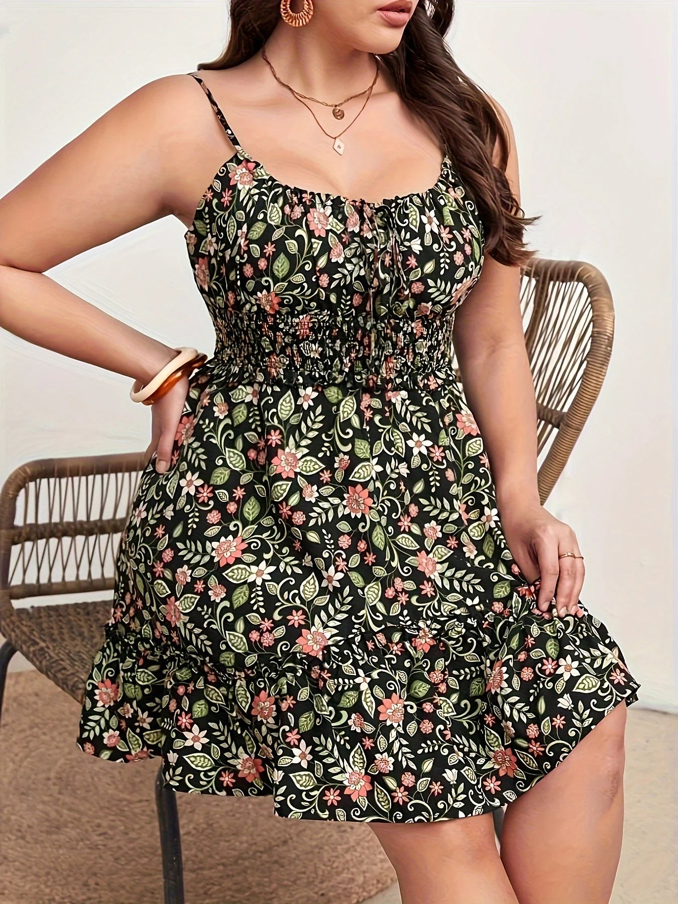 Plus Size Floral Ruffle Sling Dress – Summer Cruise Casual, Lightweight & Flowy