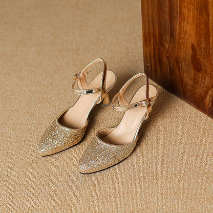 Women's Glitter Closed-Toe Kitten Heels with Ankle Strap