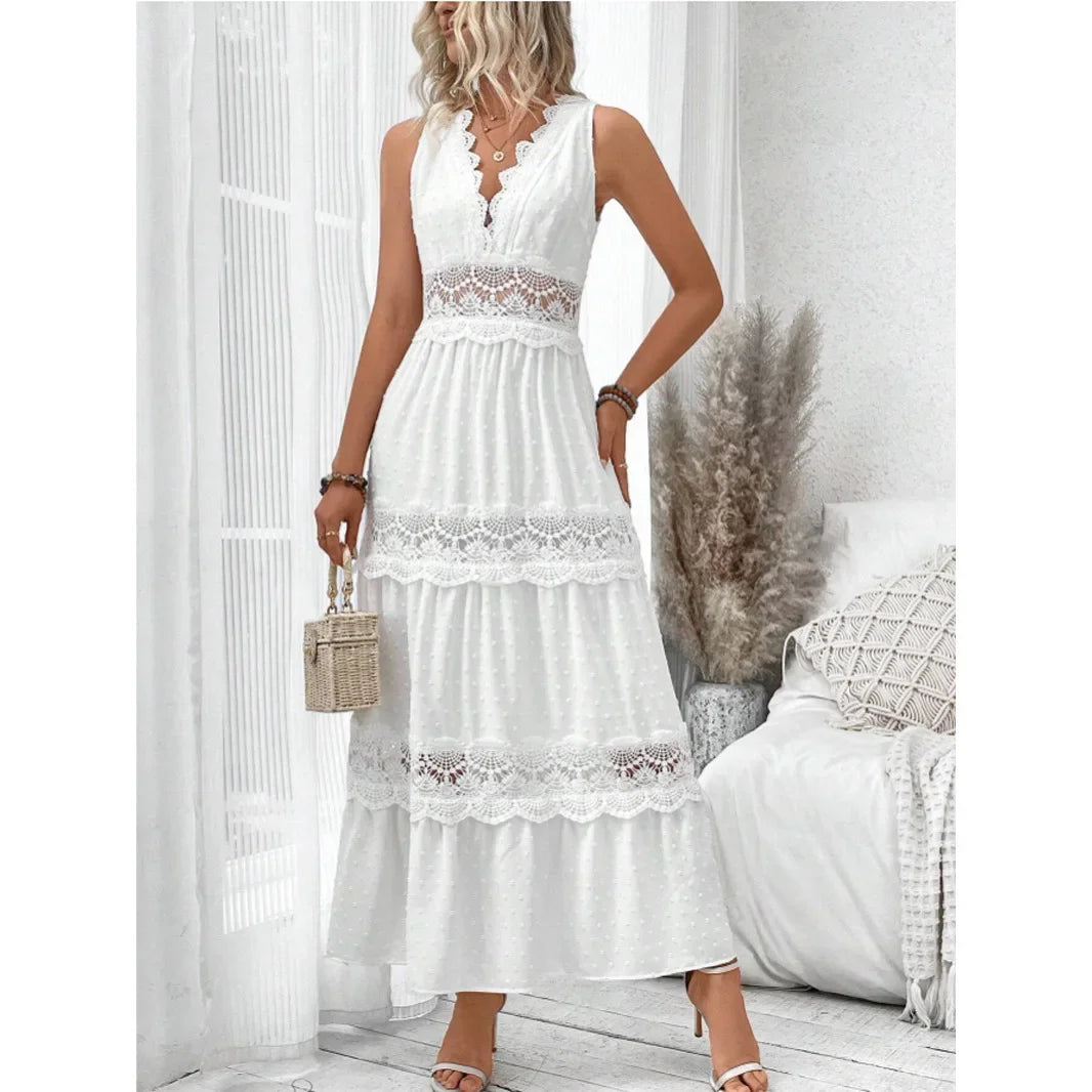 Women’s Lace V-Neck Maxi Dress – High Waist, Ankle Length