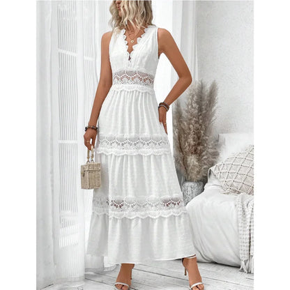 Women’s Lace V-Neck Maxi Dress – High Waist, Ankle Length