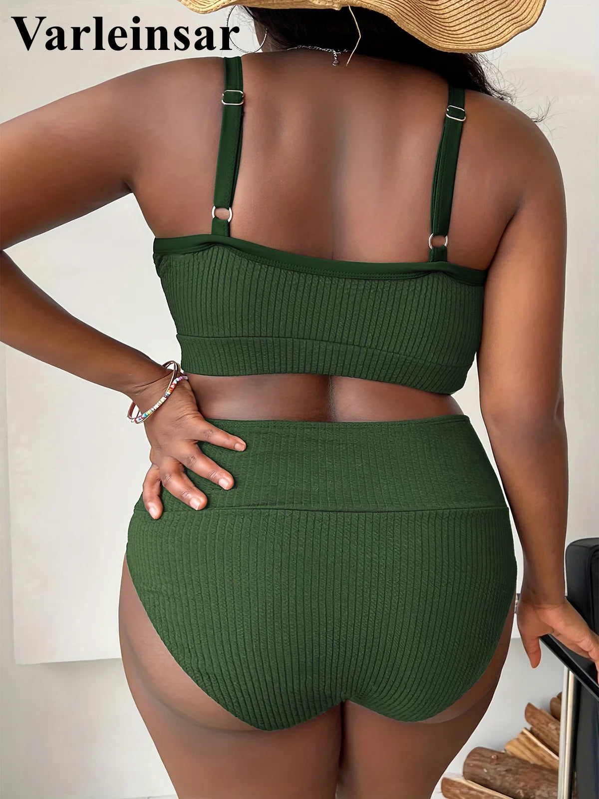 Women’s Plus Size Ribbed Bikini Set – High Waist, Crisscross Top