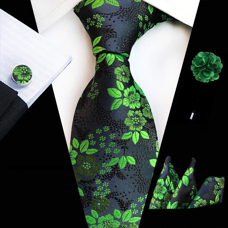 Men’s Floral Necktie Set – Tie, Pocket Square & Cufflinks