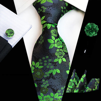 Men’s Floral Necktie Set – Tie, Pocket Square & Cufflinks