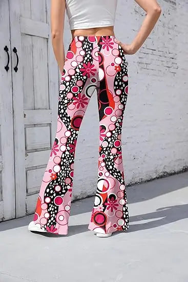 Women’s 70s Floral Bell Bottom Pants – High – Waist Flare Trousers – Orange-retro – S