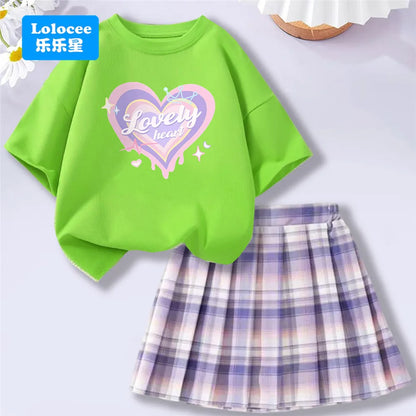 Girls’ T-Shirt & Plaid Skirt Set – 2 Piece Outfit